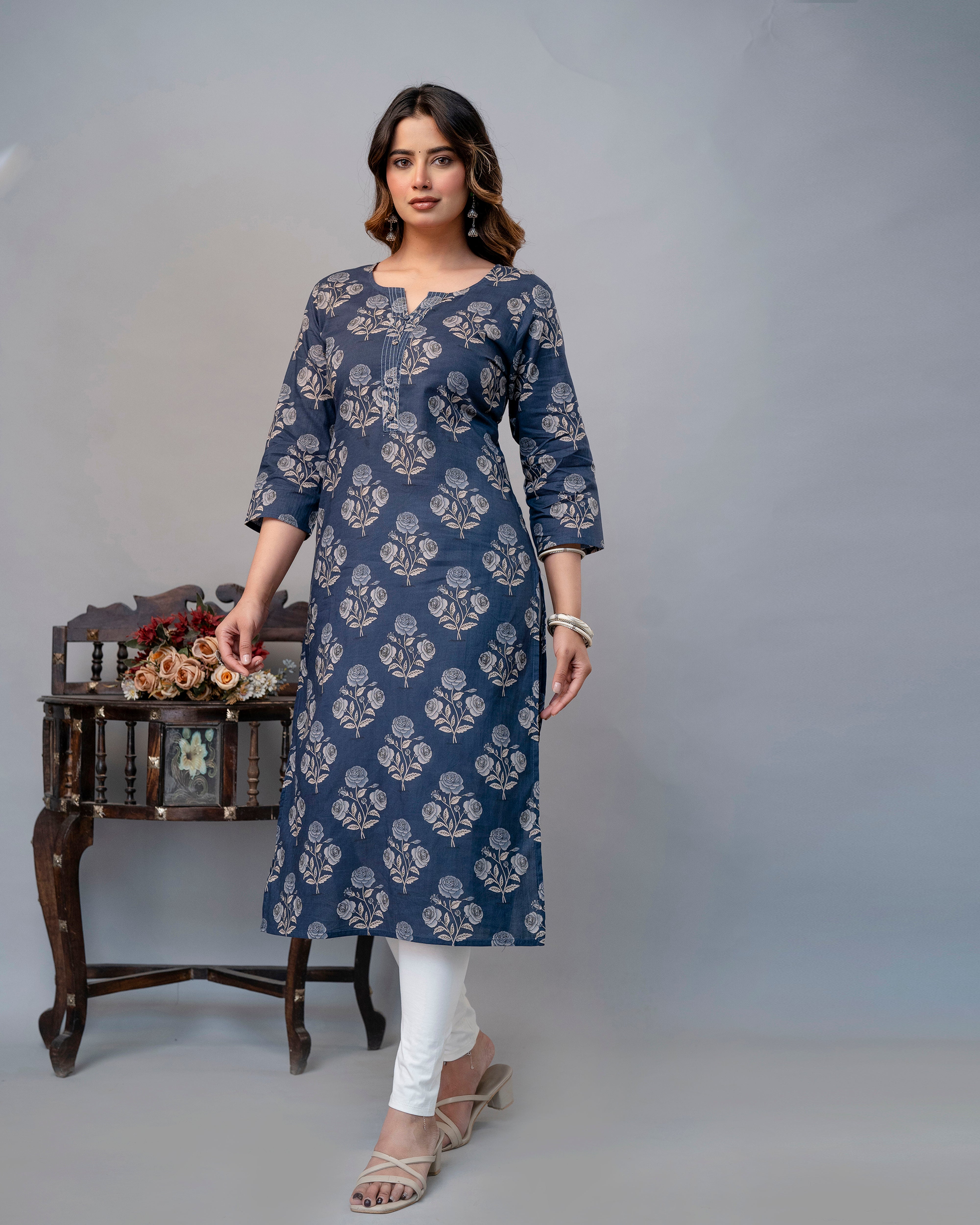 The Dusty Blue Rose Straight Kurta