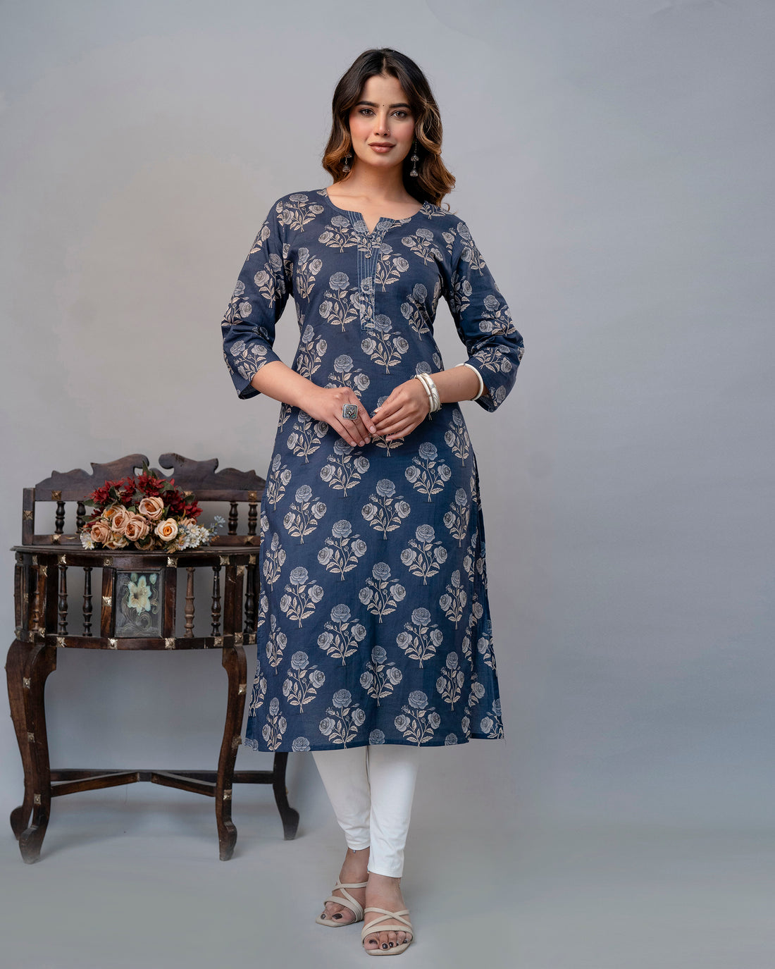 The Dusty Blue Rose Straight Kurta