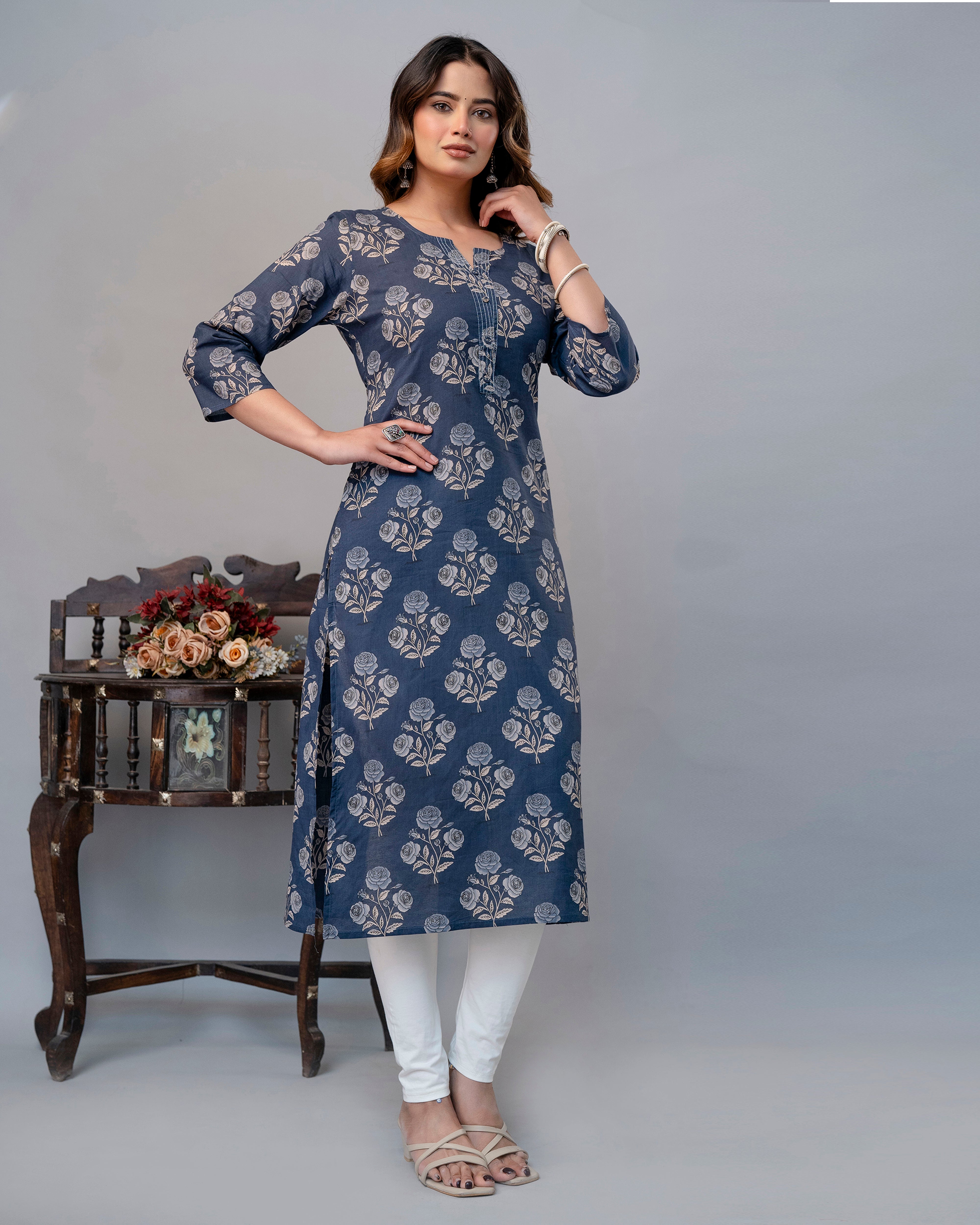 The Dusty Blue Rose Straight Kurta