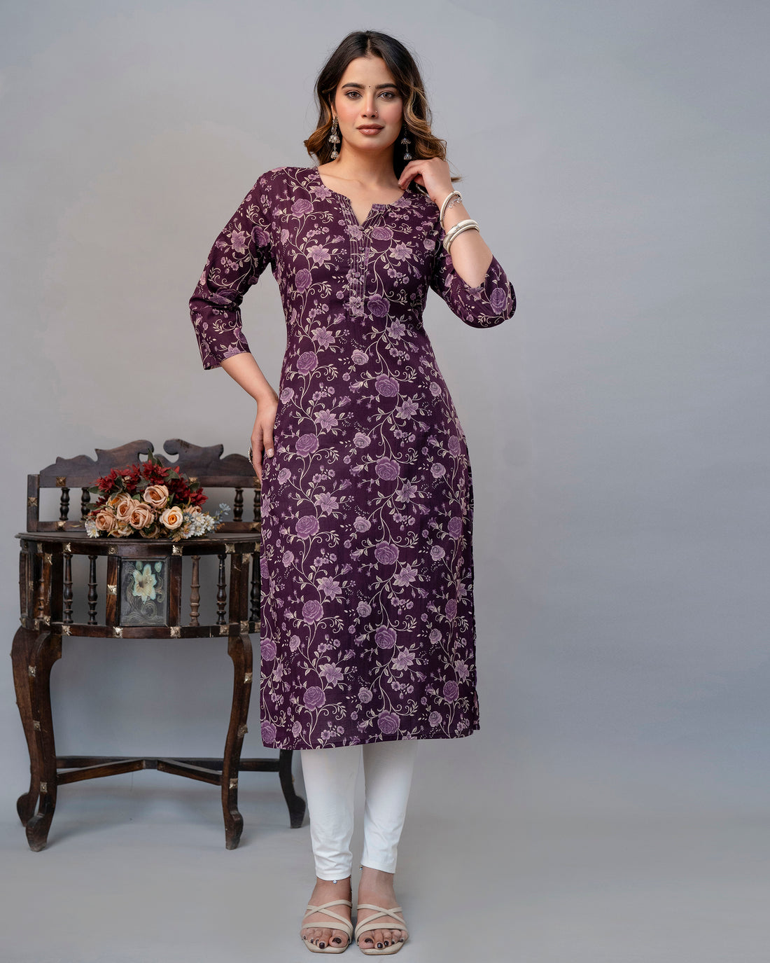 The Plum Floral Meadow Straight Kurta