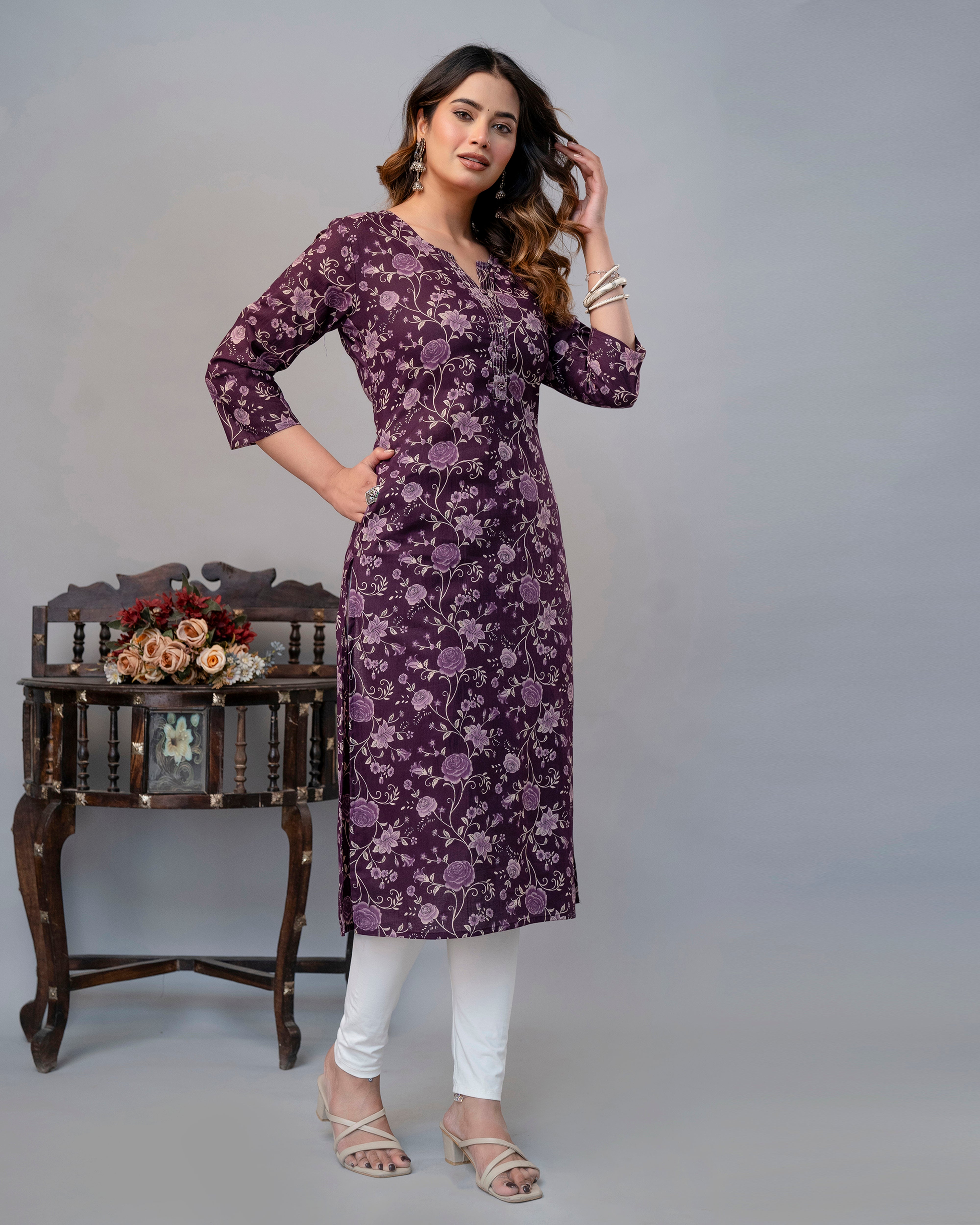 The Plum Floral Meadow Straight Kurta