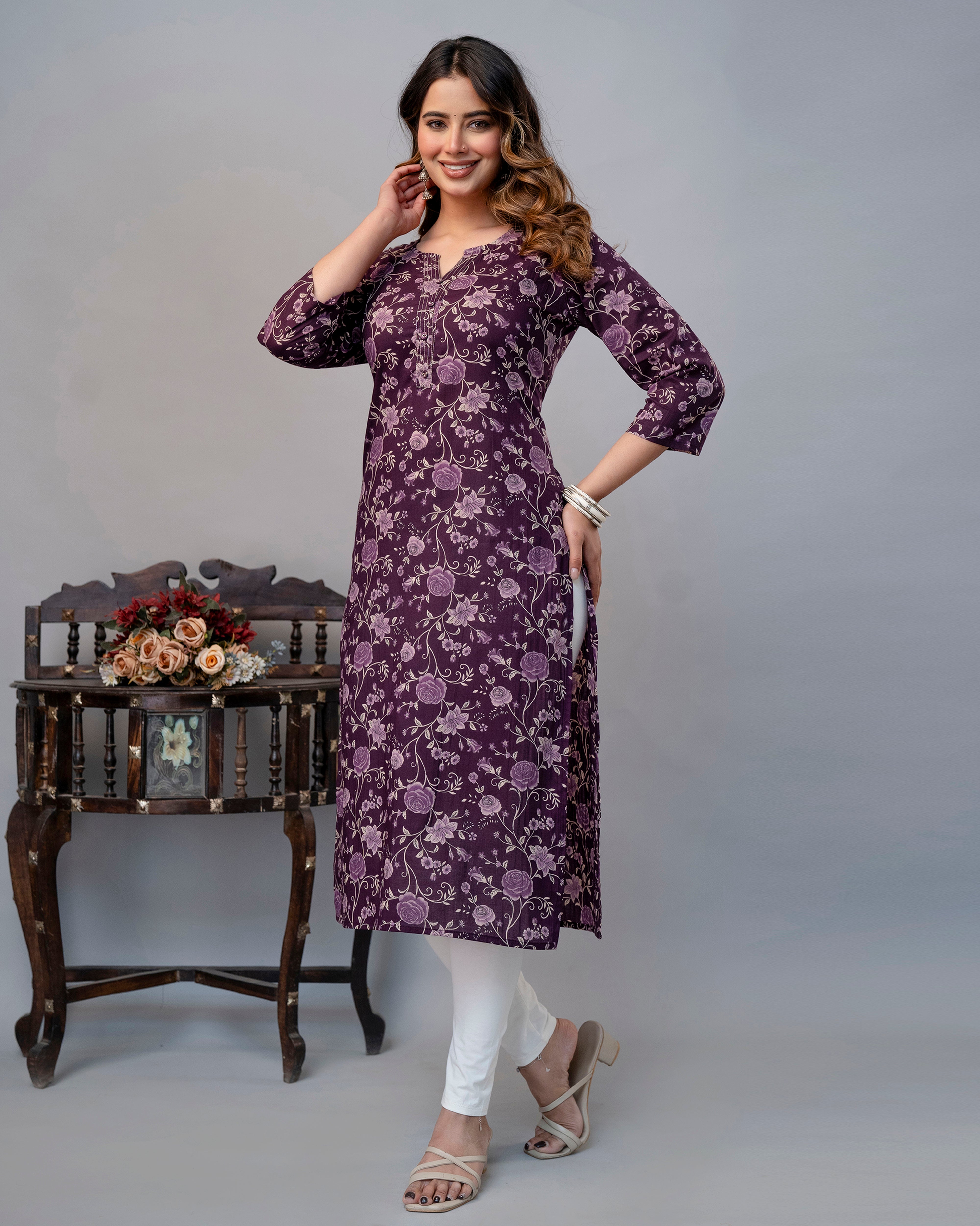 The Plum Floral Meadow Straight Kurta