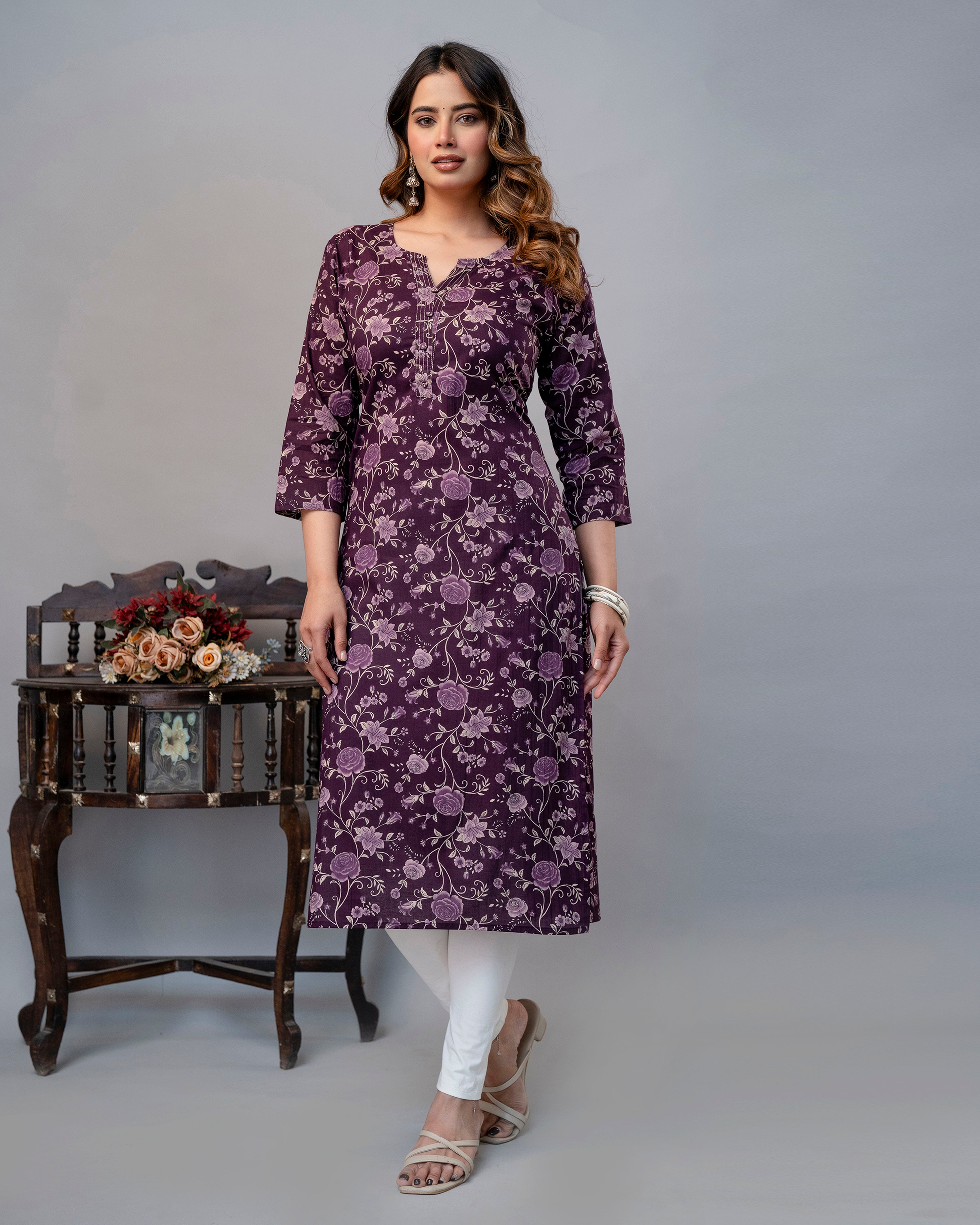 The Plum Floral Meadow Straight Kurta