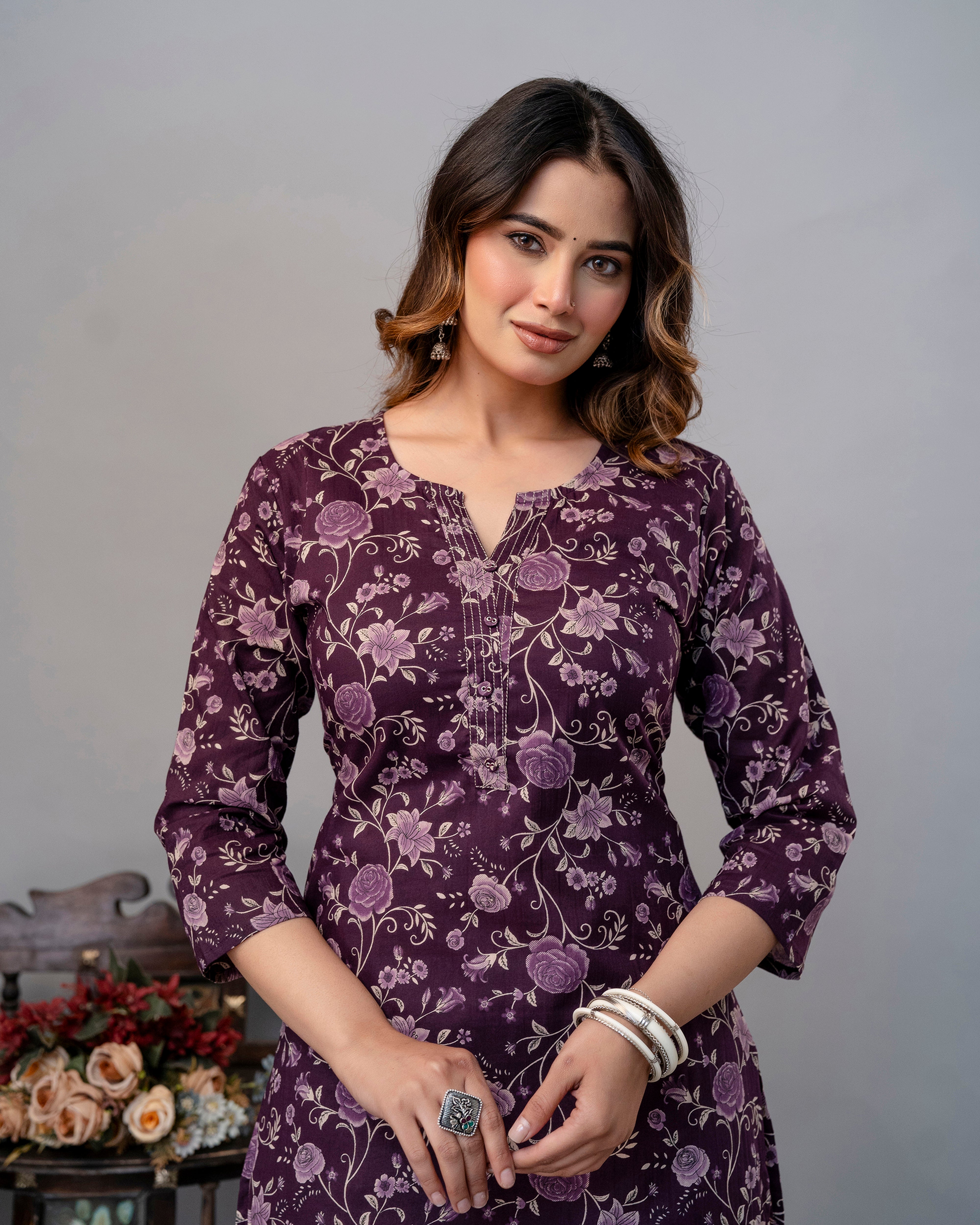 The Plum Floral Meadow Straight Kurta